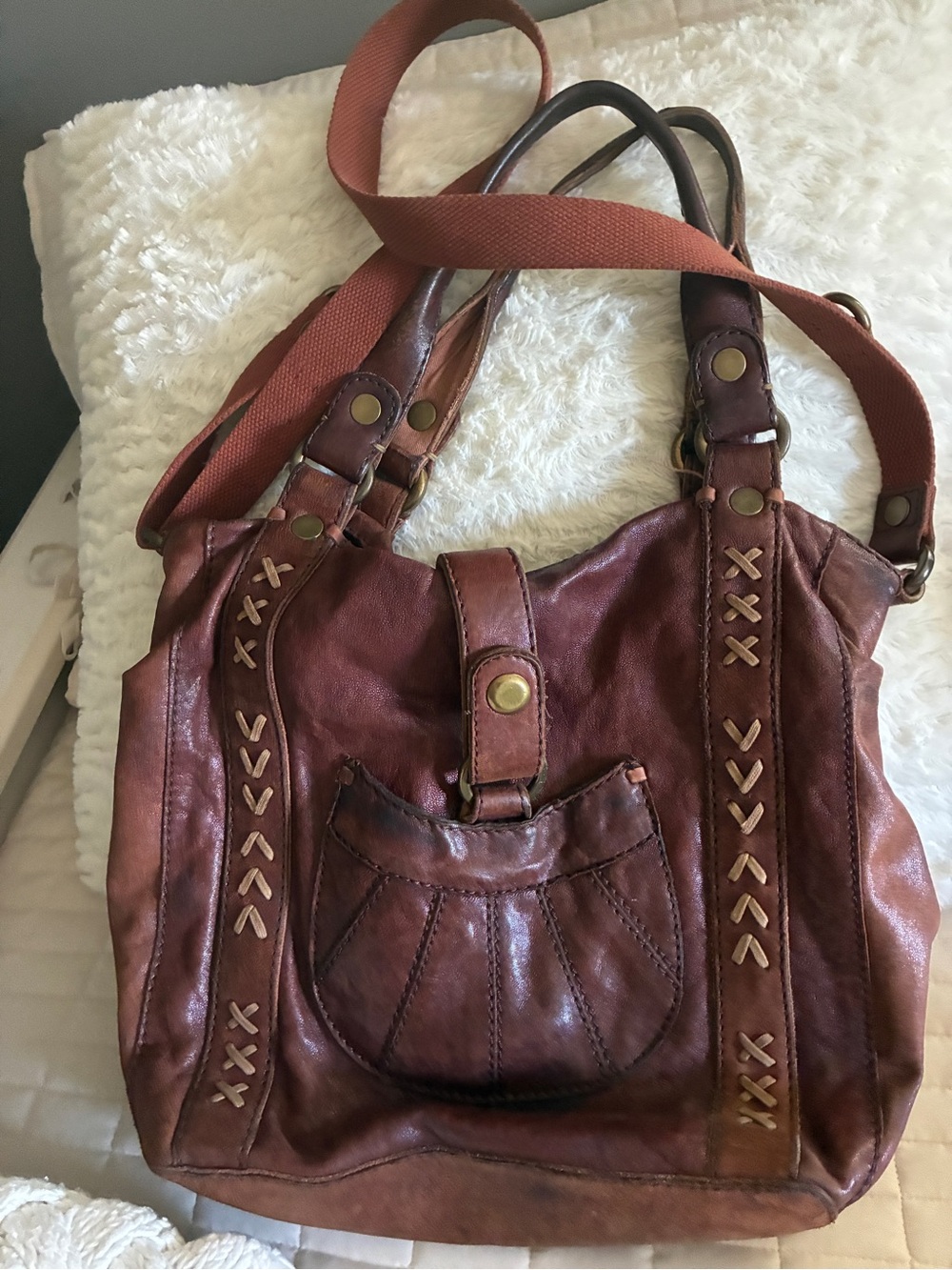 Lucky Brand Burnt Brown Leather Shoulder Bag with Woven Strap